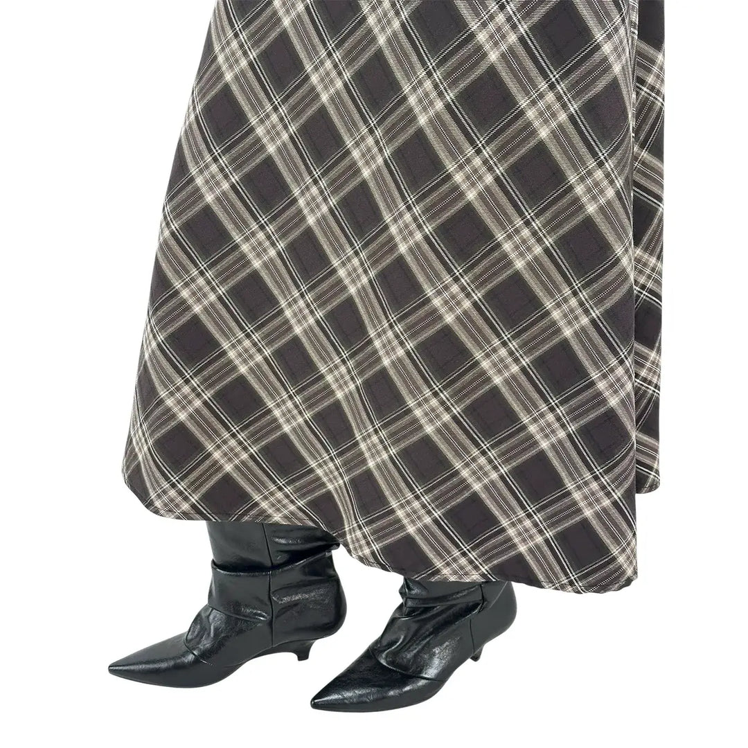 Bassini Gonna Donna Nero e Marrone a Ruota in Tessuto Tartan