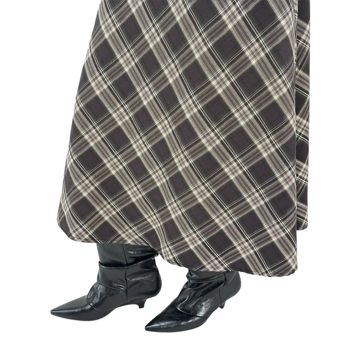 Bassini Gonna Donna Nero e Marrone a Ruota in Tessuto Tartan