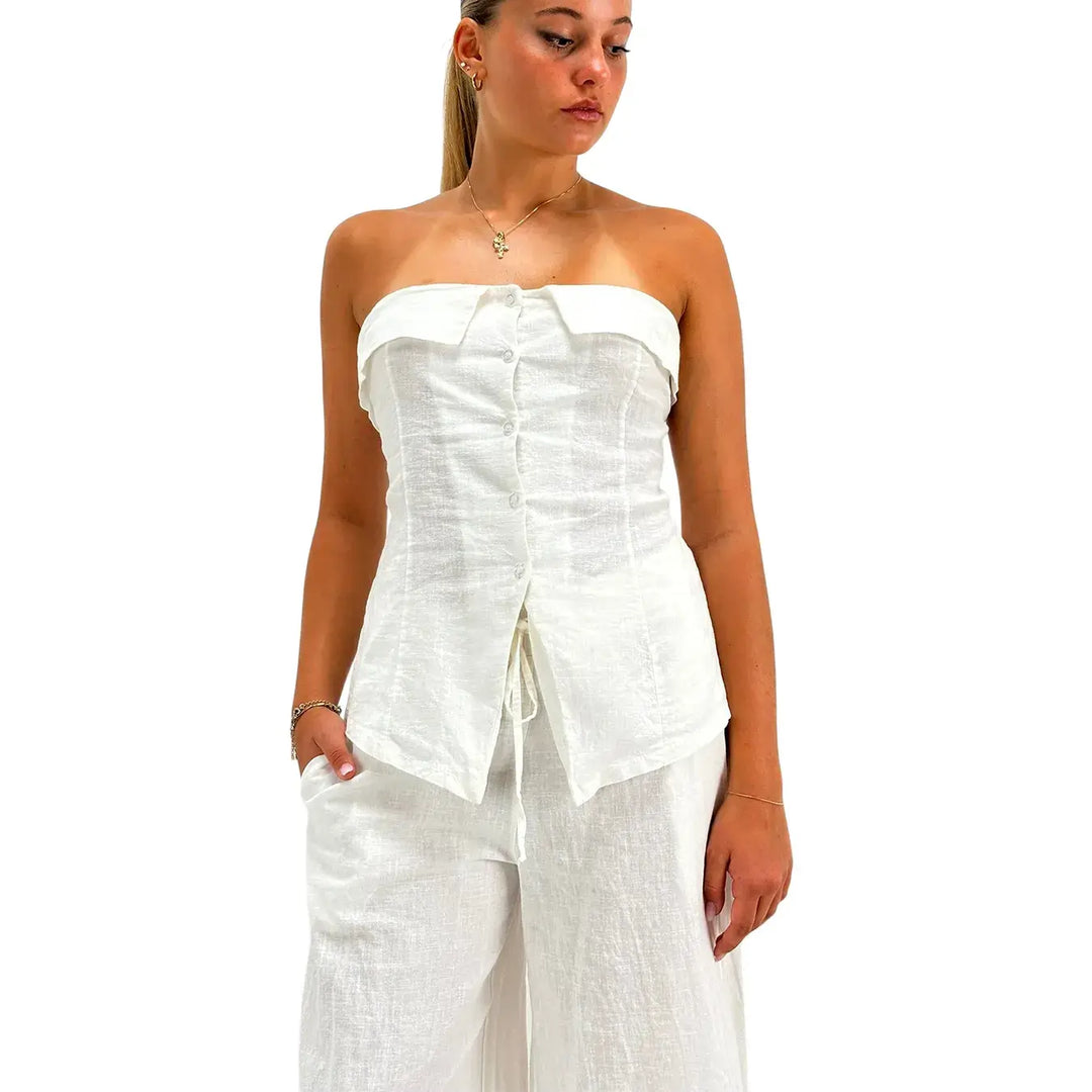 Bassini Top Donna Bianco in Lino e Cotone con Scollo a Fascia Bottoni Frontali e Colletto Risvoltato