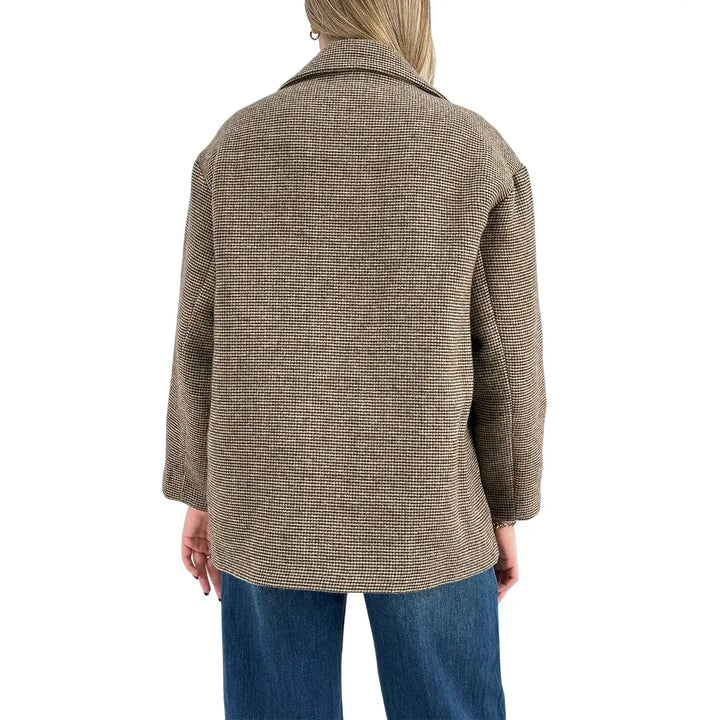 Bassini Cappottino Donna Corto Beige e Marrone Micro Pied de Poule Oversize con Un Bottone