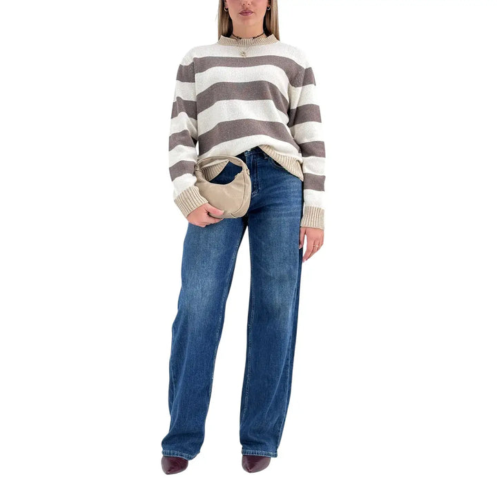 Bassini Maglia Donna Marrone e Avorio a Righe Girocollo con Coste Cammello e Vestibilità Regolare
