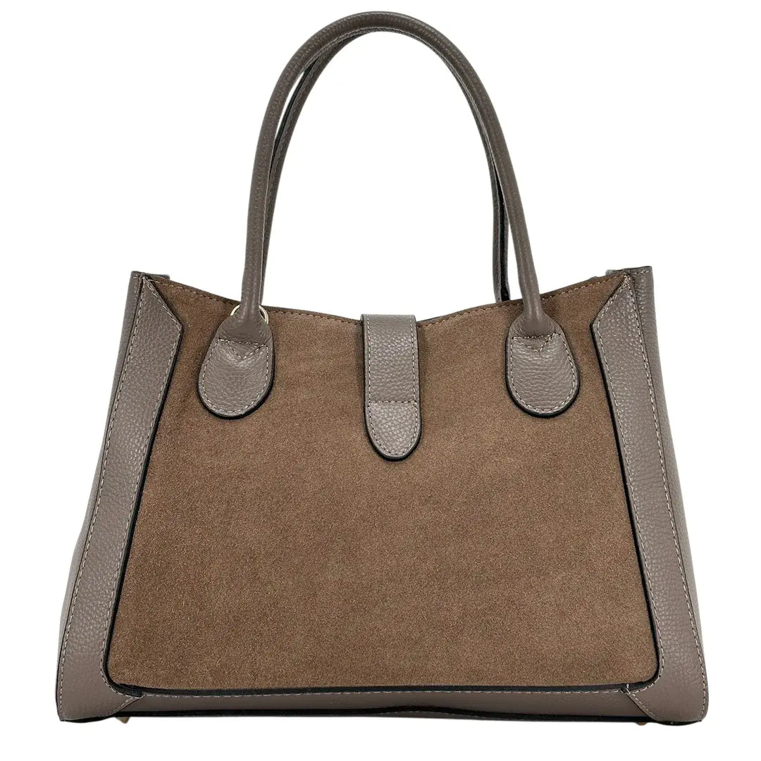 Bassini Borsa Donna in Pelle Scamosciata e Dollaro Taupe con Doppi Manici e Tracolla Rimovibile