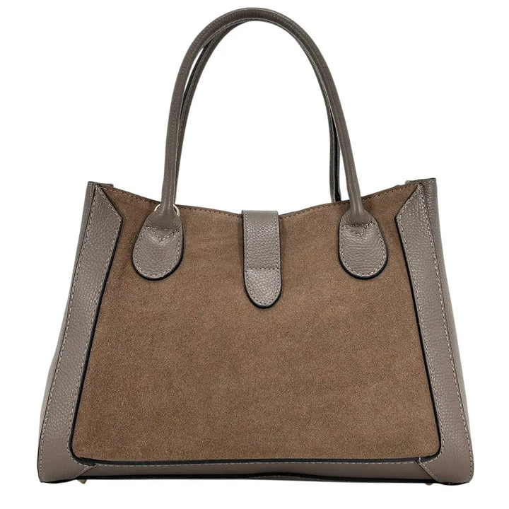 Bassini Borsa Donna in Pelle Scamosciata e Dollaro Taupe con Doppi Manici e Tracolla Rimovibile