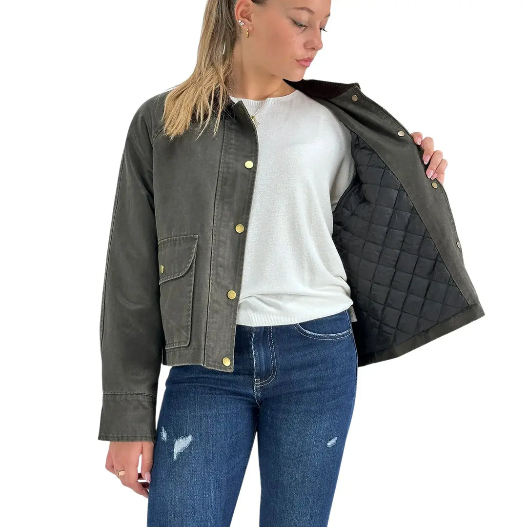 Bassini Giacca Donna Verde Effetto Cerato Crop con Collo in Velluto Moro