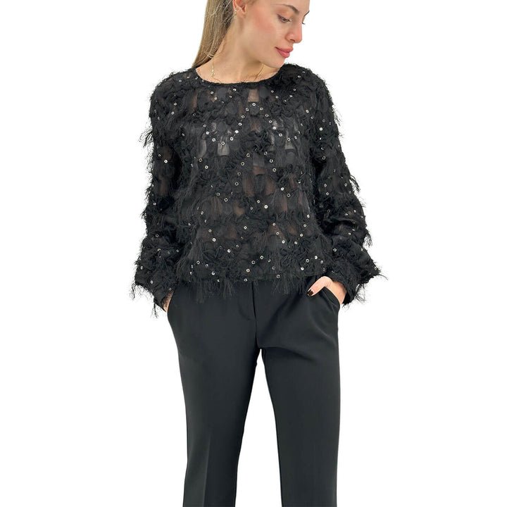 Motel Camicia Donna, Blusa, Girocollo, Frange e Paillettes, Nero