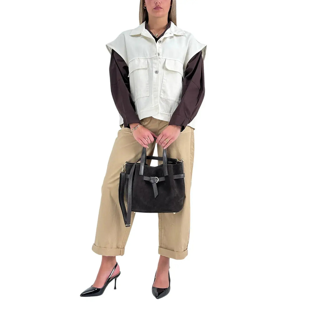 Bassini Camicia Donna Cioccolato Over in Cotone a Maniche Lunghe con Taglio Orizzontale