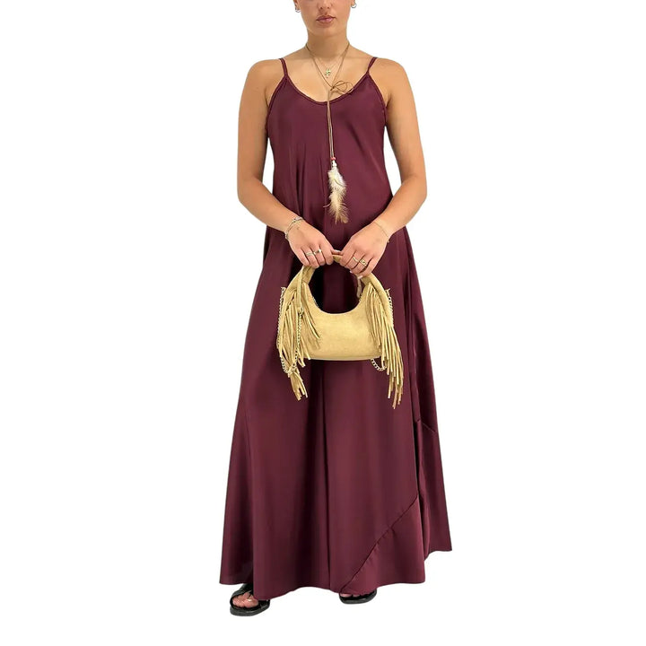Bassini Abito Donna Vinaccia Modello Sottoveste con Spallini e Collana Piuma Inclusa