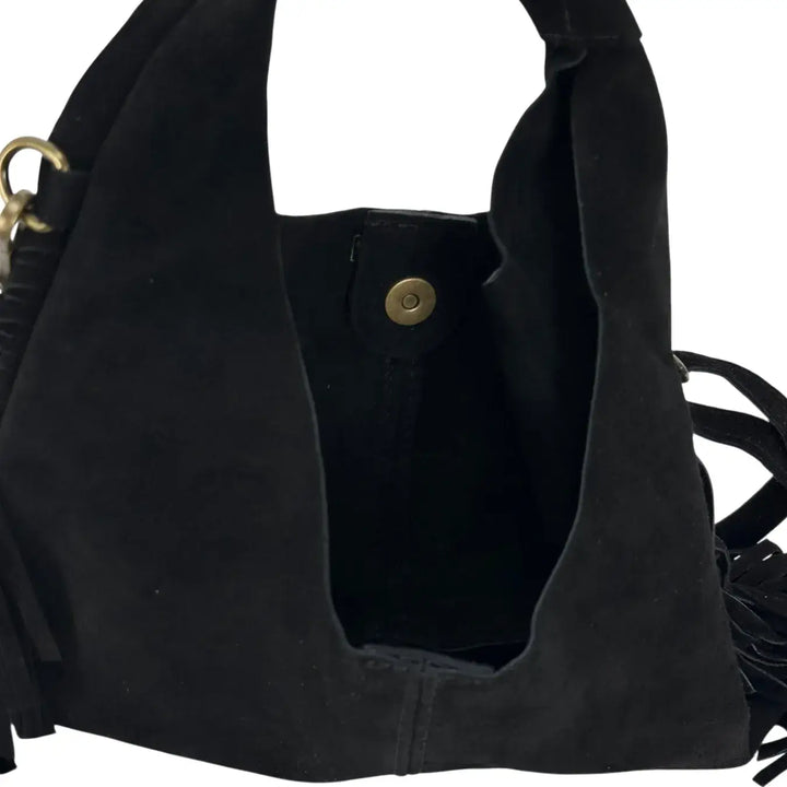 Bassini Borsa Donna in Pelle Scamosciata Nera con Frange Laterali e Tracolla Rimovibile