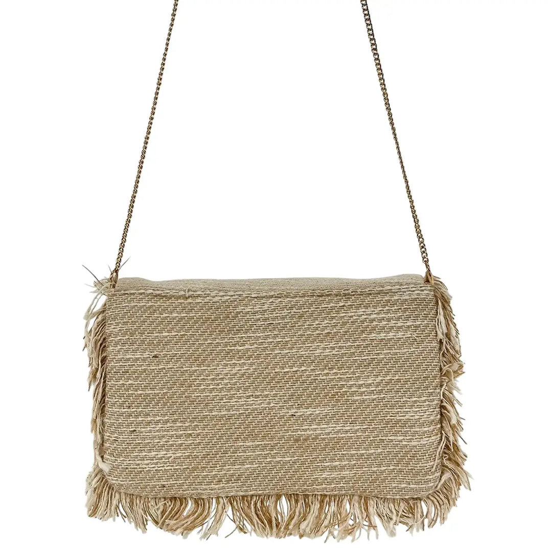 Bassini Borsa Donna Pochette in Cordura Beige con Perline Perla Patta Sfrangiata e Tracolla Oro