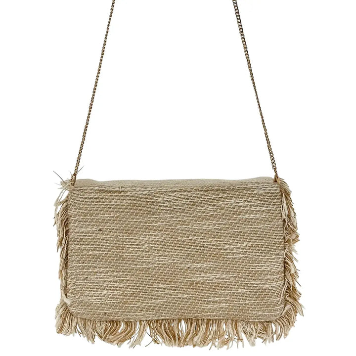 Bassini Borsa Donna Pochette in Cordura Beige con Perline Perla Patta Sfrangiata e Tracolla Oro