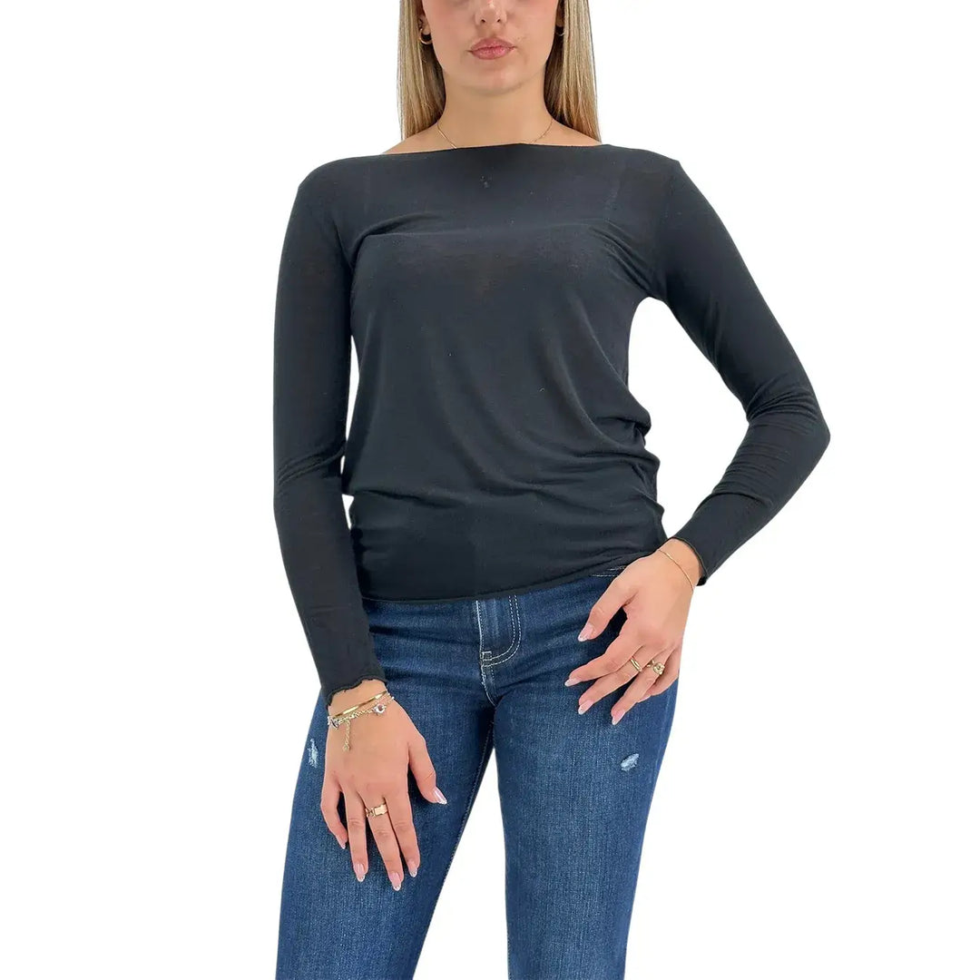 Bassini Maglia Cashmerina Donna Nera Ultralight con Scollo a Barca e Maniche Lunghe