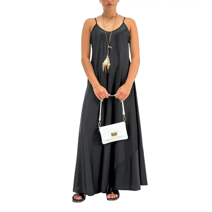 Bassini Abito Donna Nero Sottoveste con Spallini e Collana Piuma Inclusa