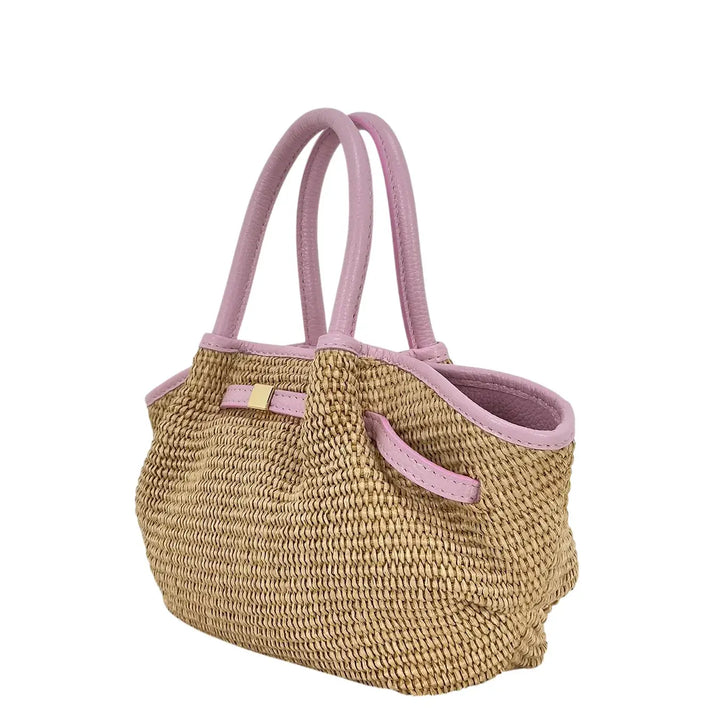Bassini Borsa Donna in Raffia e Pelle Rosa con Due Manici e Tracolla Rimovibile