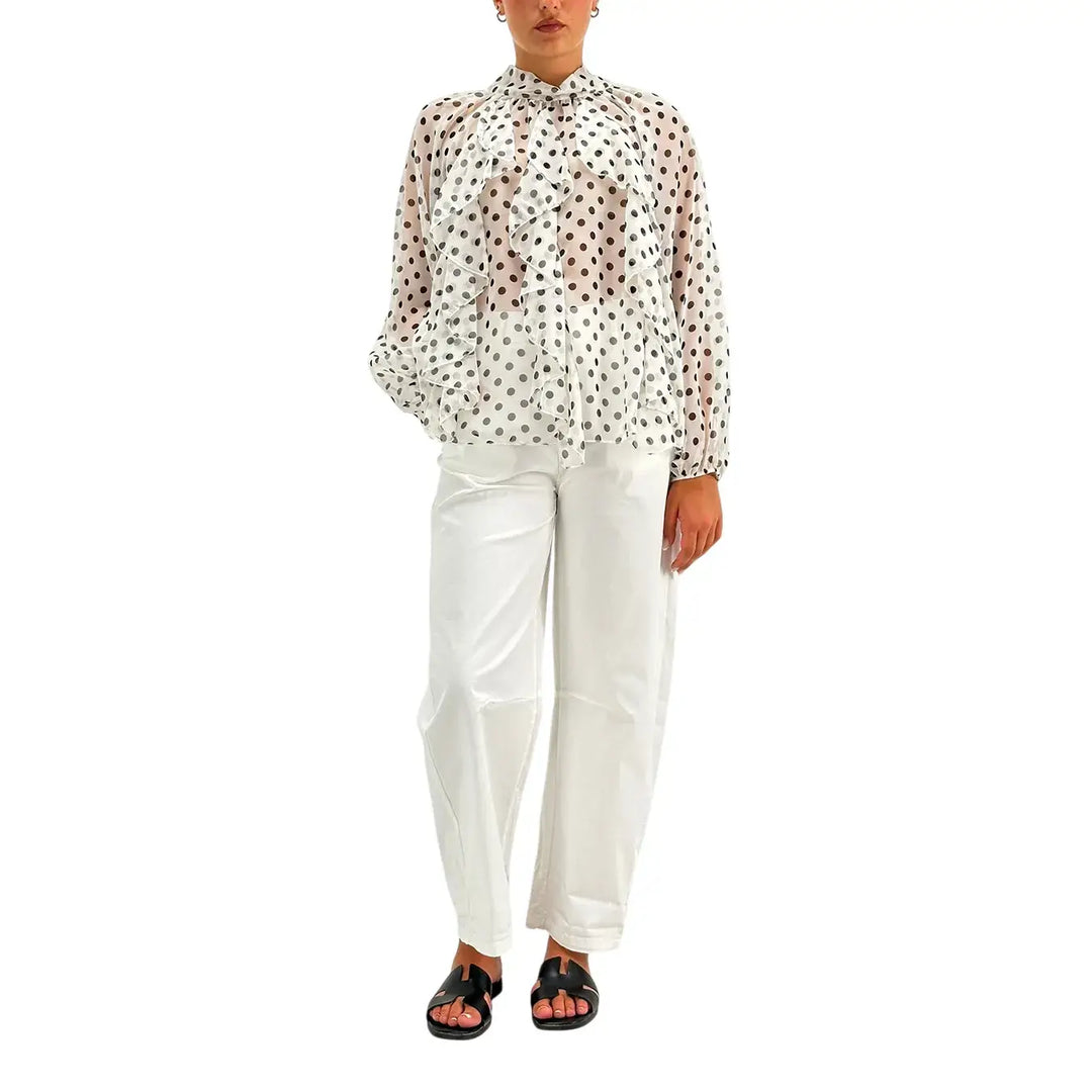 Bassini Blusa Donna Bianca con Pois Neri, Maniche a Sbuffo e Fiocco sul Retro