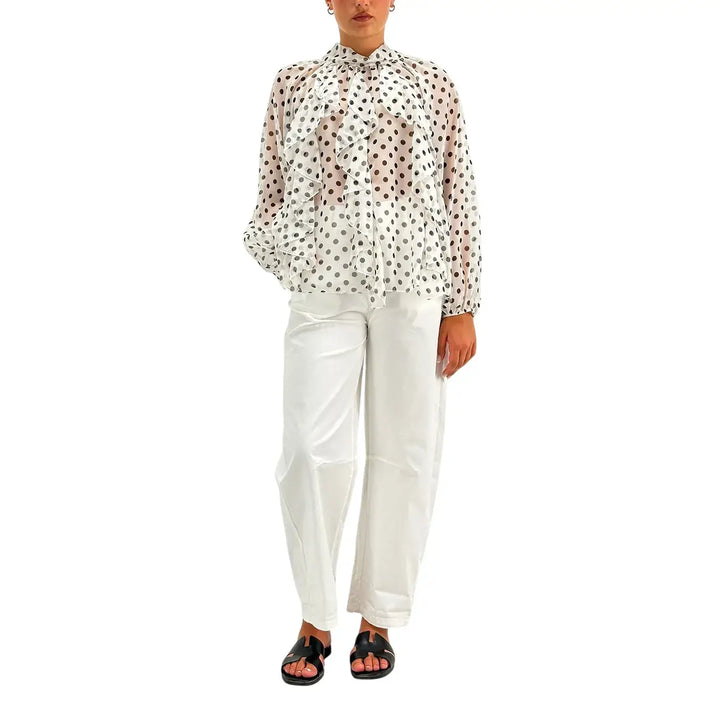 Bassini Blusa Donna Bianca con Pois Neri, Maniche a Sbuffo e Fiocco sul Retro