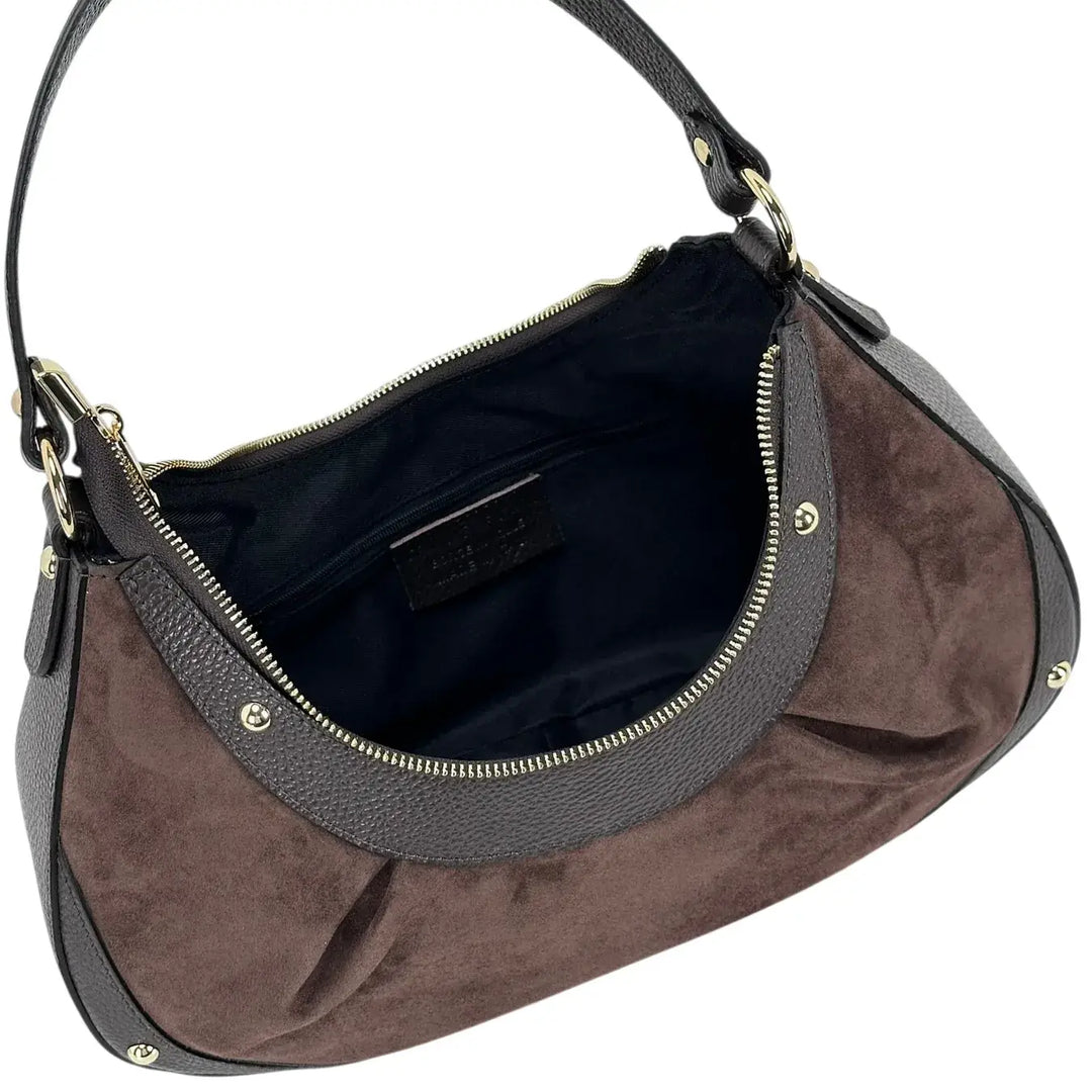 Bassini Borsa Donna a Mezza Luna in Pelle Scamosciata Cioccolato con Rifiniture in Pelle Dollaro e Borchie Oro