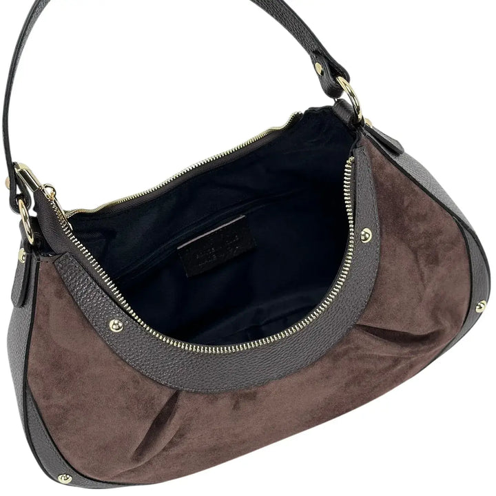 Bassini Borsa Donna a Mezza Luna in Pelle Scamosciata Cioccolato con Rifiniture in Pelle Dollaro e Borchie Oro