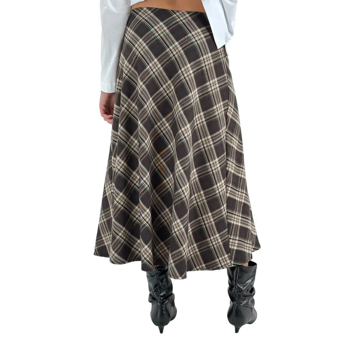 Bassini Gonna Donna Nero e Marrone a Ruota in Tessuto Tartan