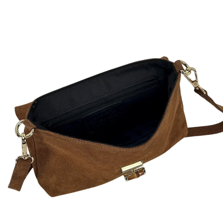 Bassini Borsa Donna in Pelle Scamosciata Cognac con Pattina Girello in Bambù e Tracolla Rimovibile
