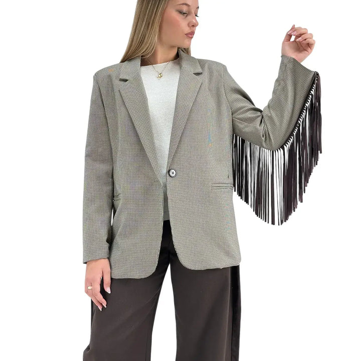 Bassini Giacca Donna Beige Pied de Poule Oversize Monopetto con Frange Marroni