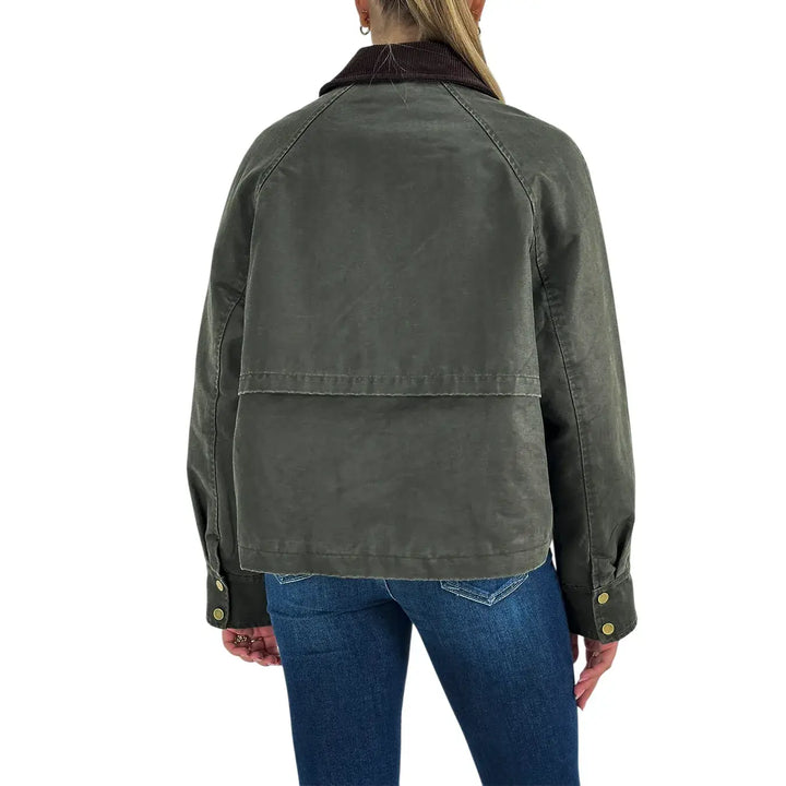 Bassini Giacca Donna Verde Effetto Cerato Crop con Collo in Velluto Moro
