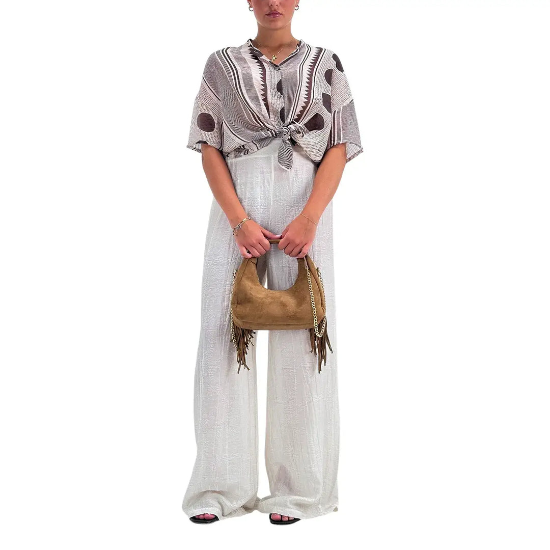 Bassini Camicia Donna Cipria con Maniche Corte Scese Nodo Frontale Collo Coreana e Fantasia Marrone