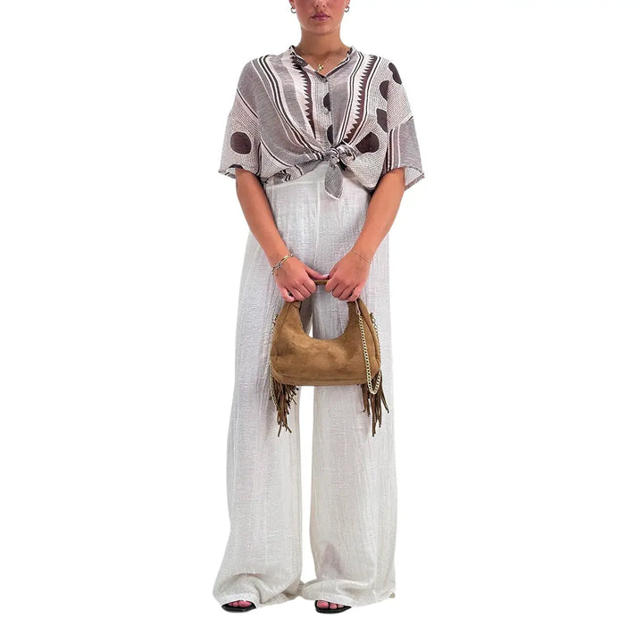 Bassini Camicia Donna Cipria con Maniche Corte Scese Nodo Frontale Collo Coreana e Fantasia Marrone