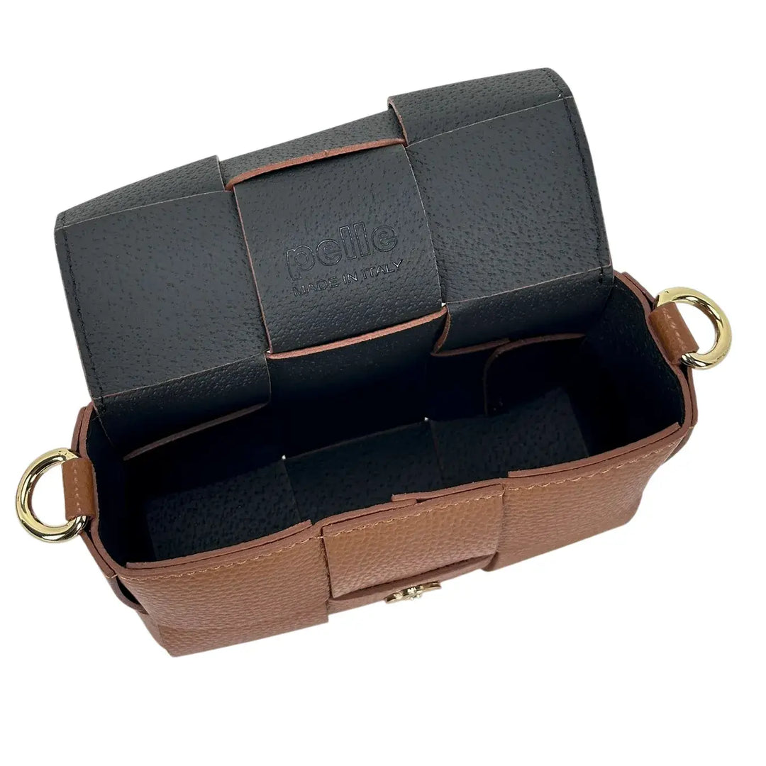 Bassini Borsa Donna Piccola in Pelle Cuoio Intrecciata con Tracolla Rimovibile e Patta Magnetica