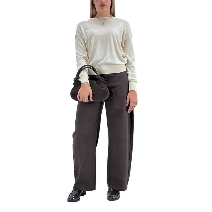 Bassini Maglia Donna Avorio Crop Over con Girocollo Orlato e Maniche Lunghe