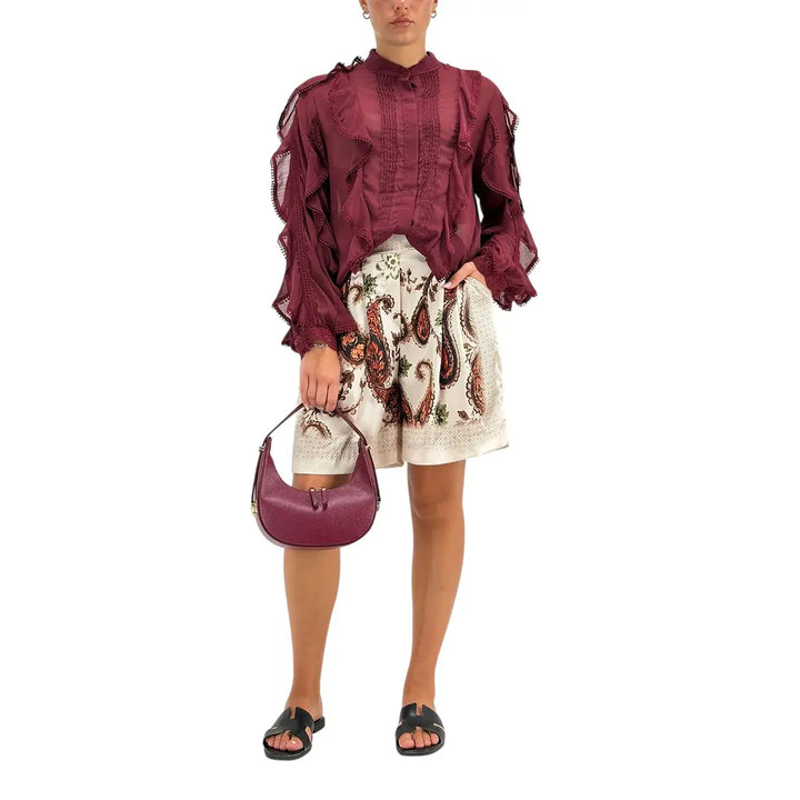 Bassini Camicia Donna Burgundy con Rouches Maniche Lunghe Collo alla Coreana e Tessuto Plissettato