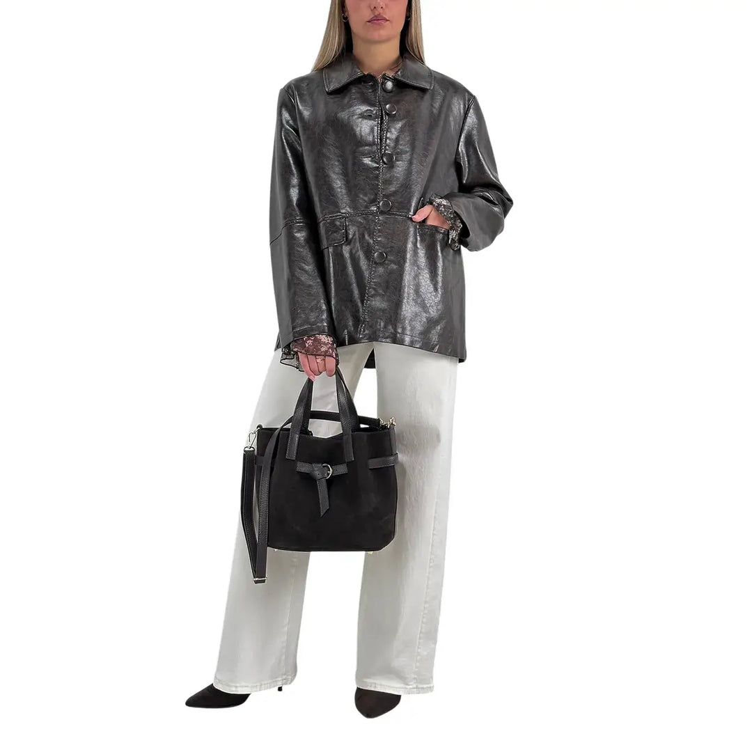 Bassini Giacca Donna in Ecopelle Marrone Effetto Vintage Oversize con Tasche con Patta