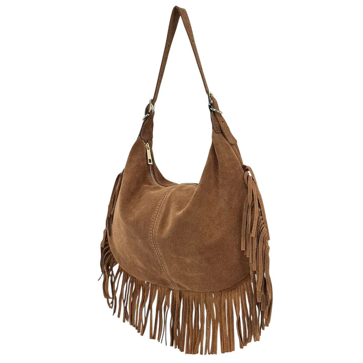 Bassini Borsa Donna in Pelle Scamosciata con Frange Laterali e Tracolla Intercambiabile Cognac