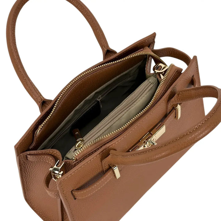 Bassini Borsa Donna in Pelle Cuoio con Doppi Manici, Tracolla Rimovibile e Chiusura con Zip