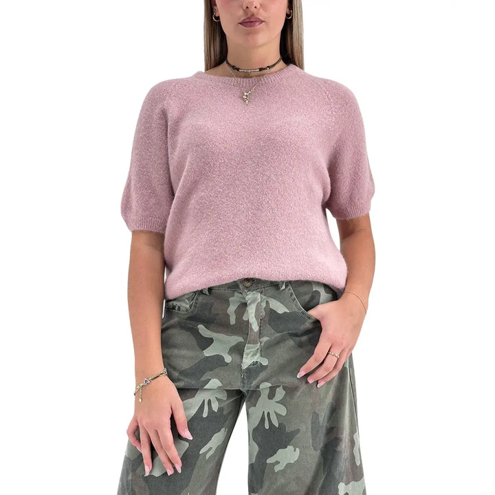 Bassini Maglia Donna Rosa Girocollo Oversize con Maniche Corte Raglan e Orlo a Costine