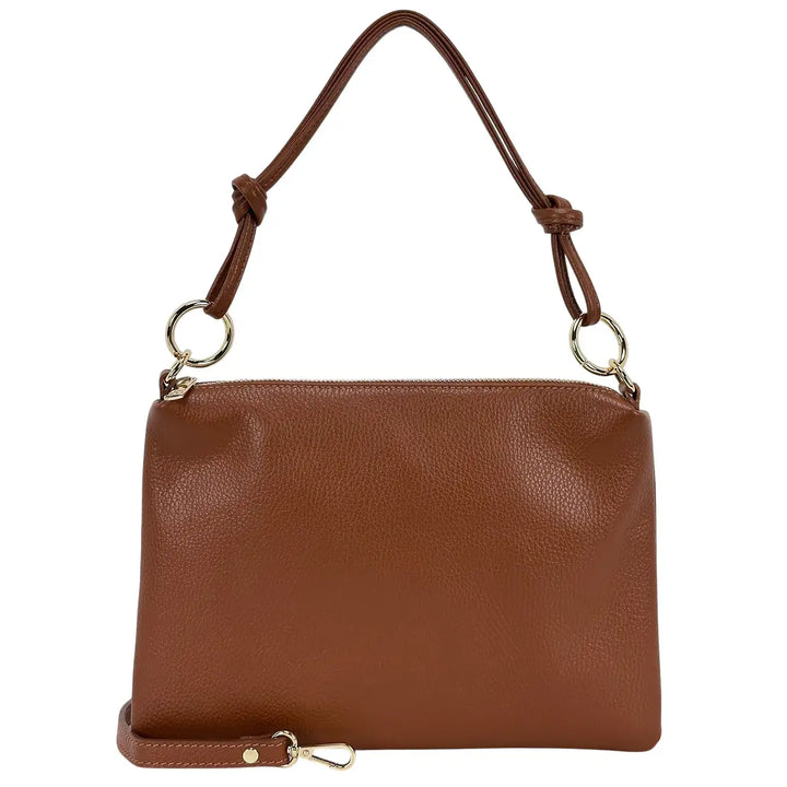 Bassini Borsa Donna Piatta in Pelle con Zip e Tracolla Intercambiabile Cognac