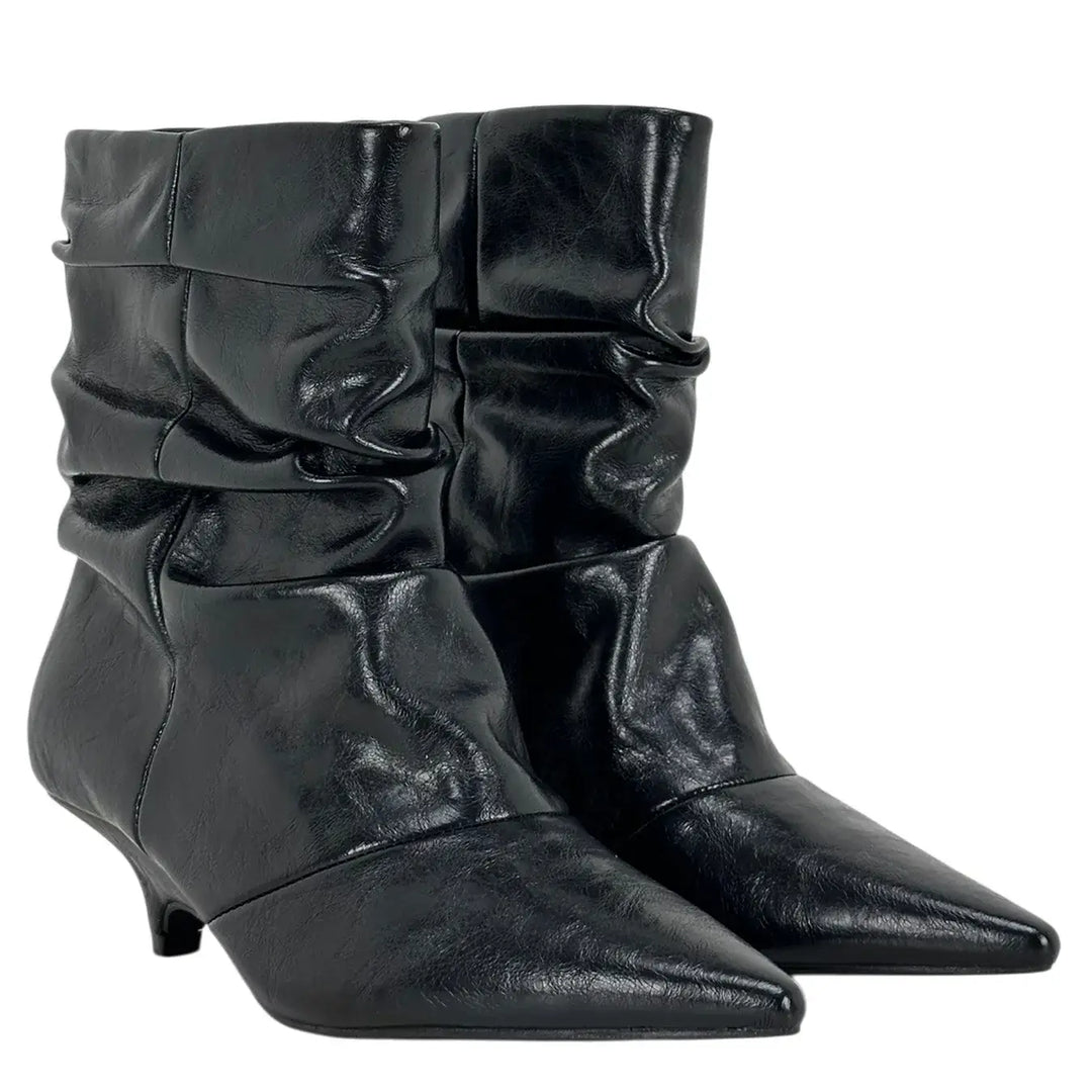 Bassini Stivaletto Donna Nero Arricciato in Ecopelle Effetto Used con Tacco 5 cm