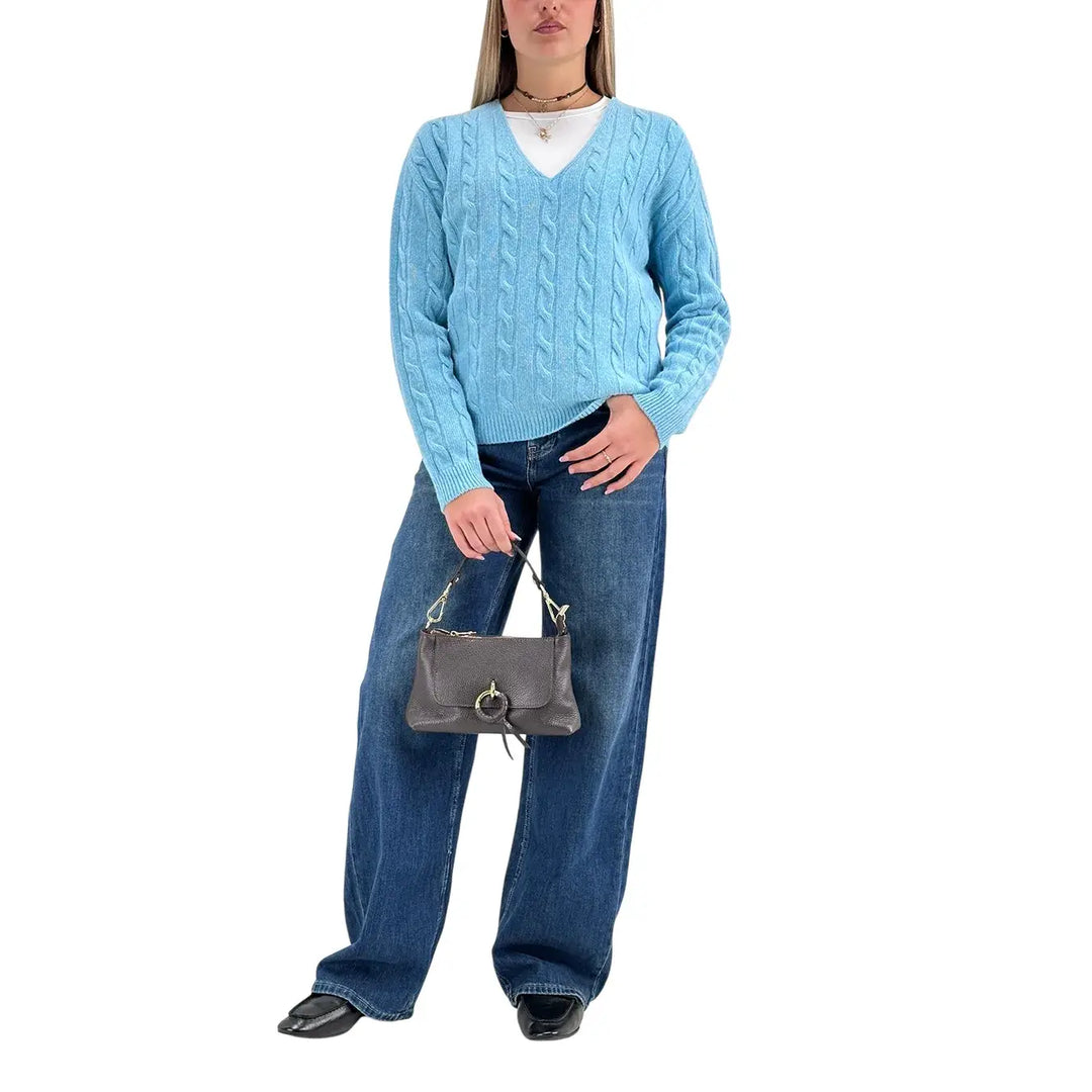 Bassini Maglia Donna Celeste a Treccia con Scollo a V e Maniche Raglan Oversize