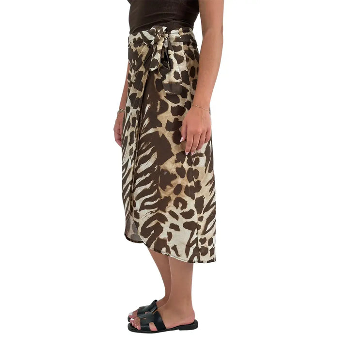 Bassini Gonna Donna Leopardata Marrone di Media Lunghezza con Nodo Laterale