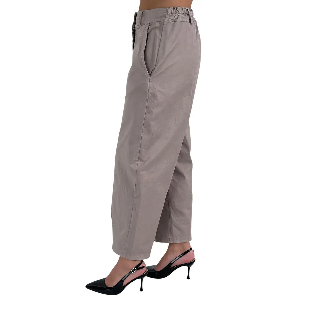 Bassini Pantaloni Donna Kaki Modello Banana Oversize in Cotone Elasticizzato con Tasche Laterali