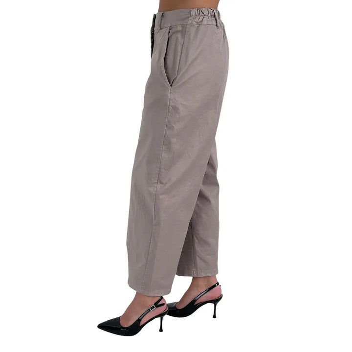 Bassini Pantaloni Donna Kaki Modello Banana Oversize in Cotone Elasticizzato con Tasche Laterali