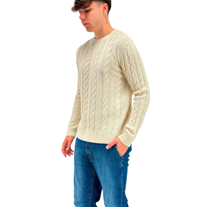 Refabrics Men's Sweater, Crewneck, Cables, Cashmere, Ivory