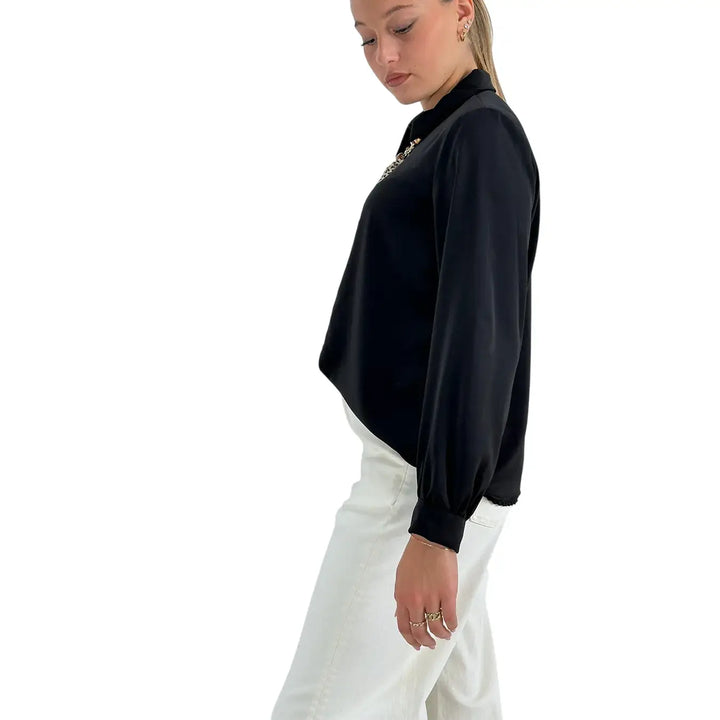Bassini Camicia Donna Nera Basica a Maniche Lunghe con Collana Stampata