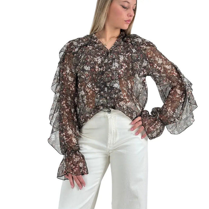 Bassini Camicia Donna Floreale Moro con Scollo V e Ruches su Maniche e Spalle