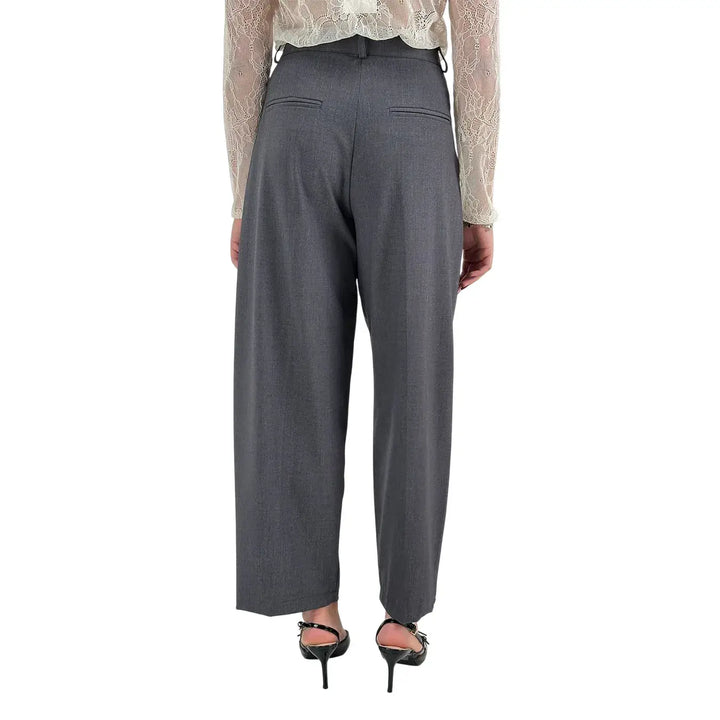 Bassini Pantaloni Donna Grigi Sartoriali a Gamba Larga con Doppia Pince e Tasche a Filo