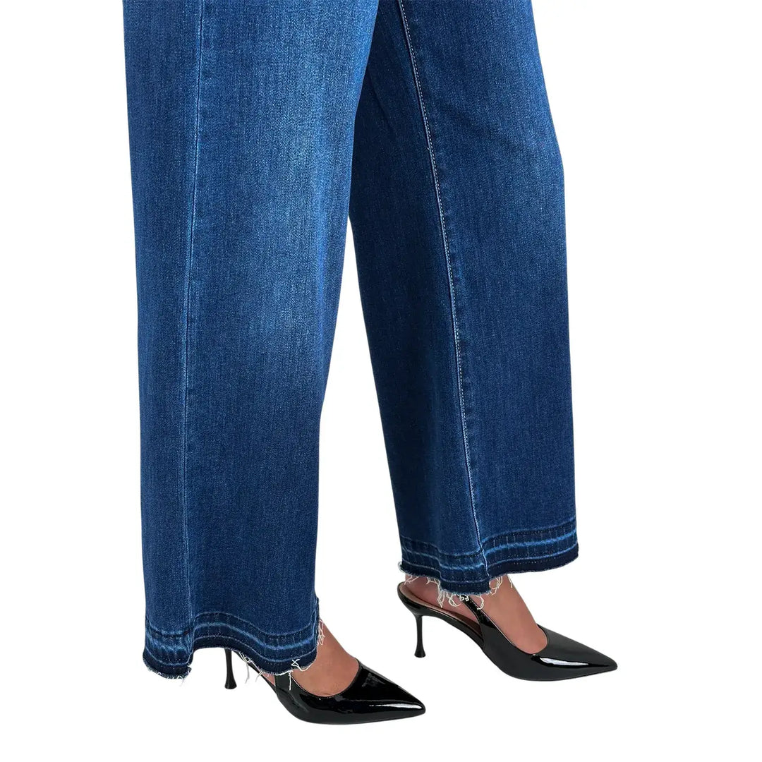 Bassini Jeans Donna Blu Scuro Palazzo in Denim Elasticizzato con Fondo Sfrangiato