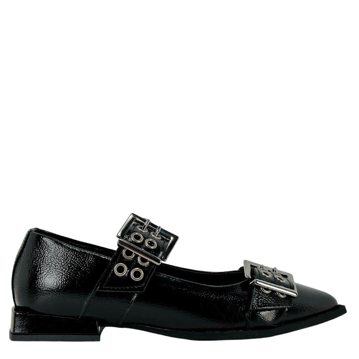Divine Follie Scarpe Donna, Ballerina, Maxi Fibbie, Naplak, Nero, bassiniboutique