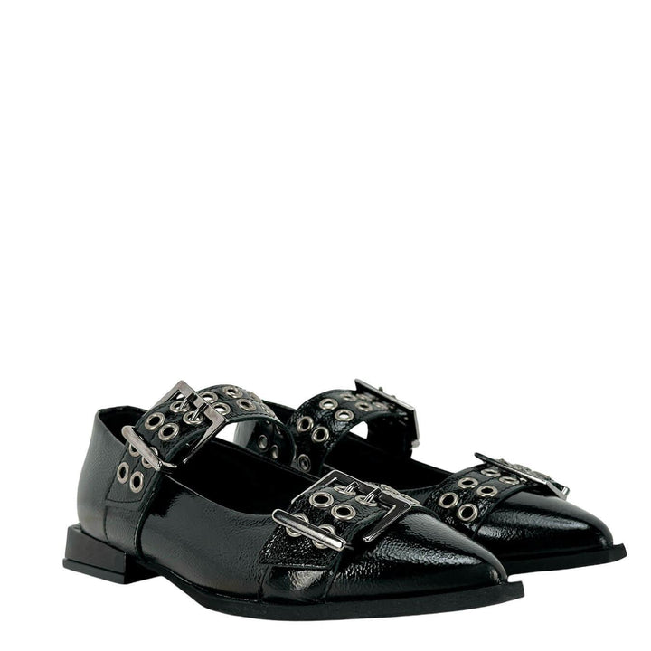 Divine Follie Scarpe Donna, Ballerina, Maxi Fibbie, Naplak, Nero, bassiniboutique