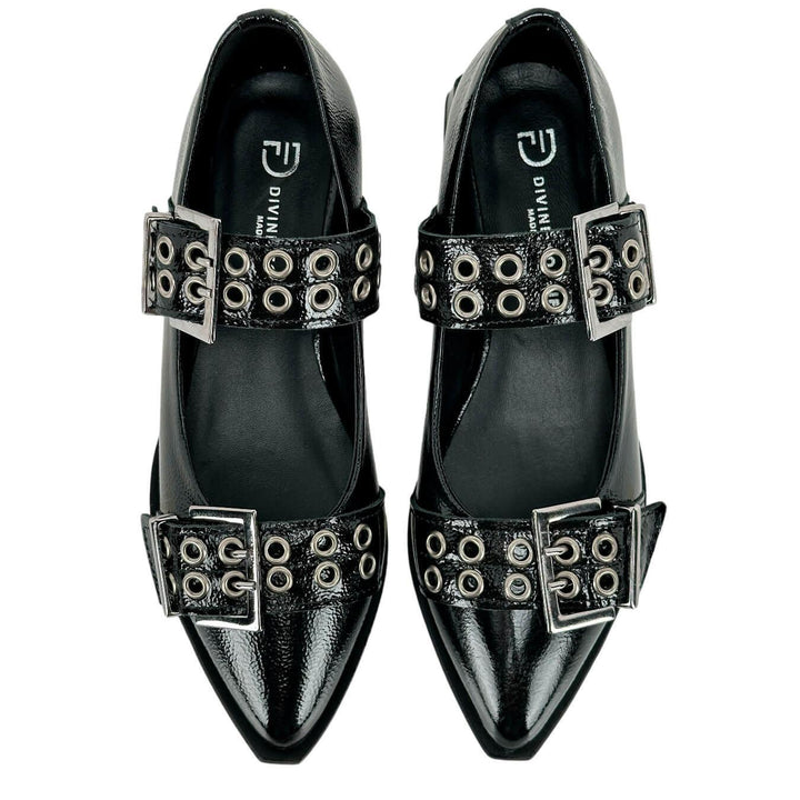 Divine Follie Scarpe Donna, Ballerina, Maxi Fibbie, Naplak, Nero, bassiniboutique