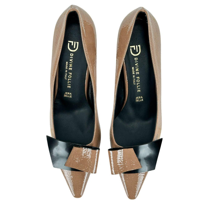 Divine Follie Scarpe Donna, Décolleté Boston, Fiocco, Naplak, Grigio, bassiniboutique