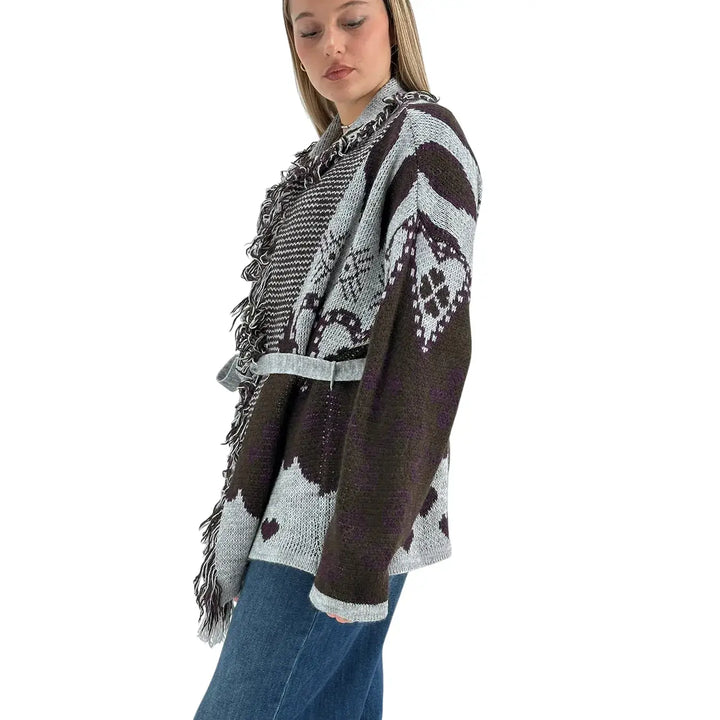 Bassini Cardigan Donna Aperto con Cintura Moro e Grigio con Ricamo Cuori e Bordi Sfrangiati